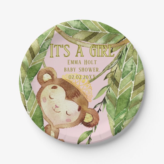 Assiettes En Carton Cute Little Monkey Its A Girl Tropic Pink  (Devant)