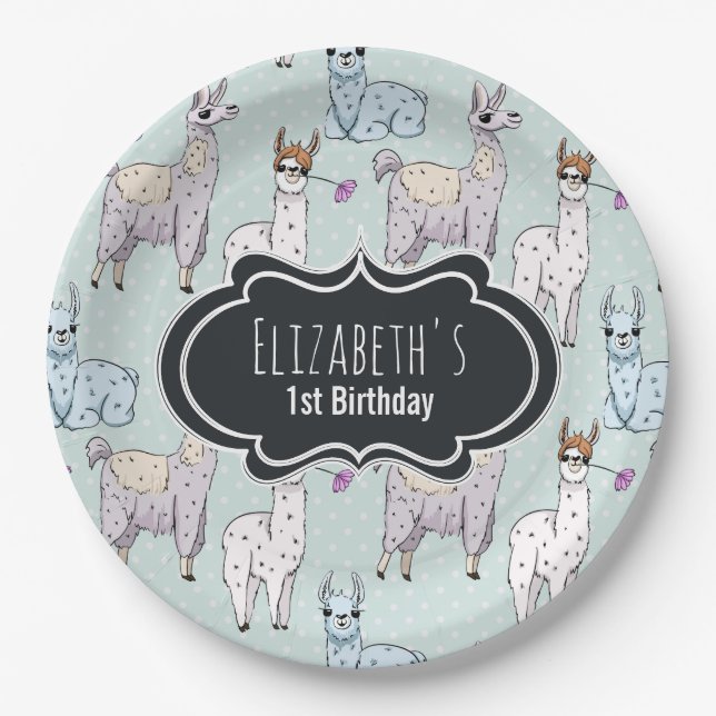 Assiettes En Carton Cute Llama Motif à l'anniversaire Pois (Devant)