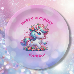 Assiettes En Carton Cute Magical Unicorn Personnalisé Anniversaire de 