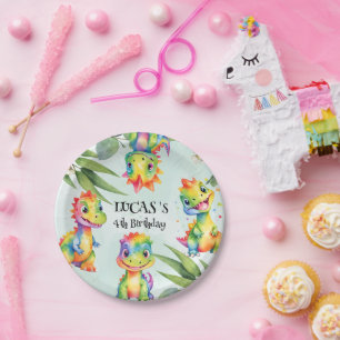 Assiettes En Carton Cute Magique Rainbow Dinosaur Bonne fête d'anniver