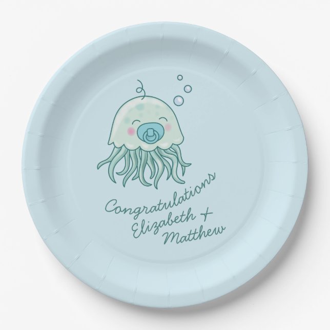 Assiettes En Carton Cute méduse Baby shower Kawaii Blue Boy (Devant)
