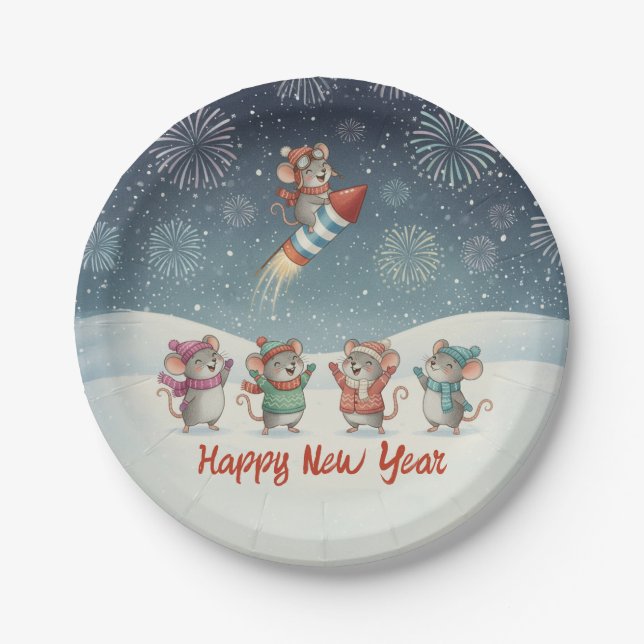 Assiettes En Carton Cute Mice Happy New Year Fireworks (Devant)