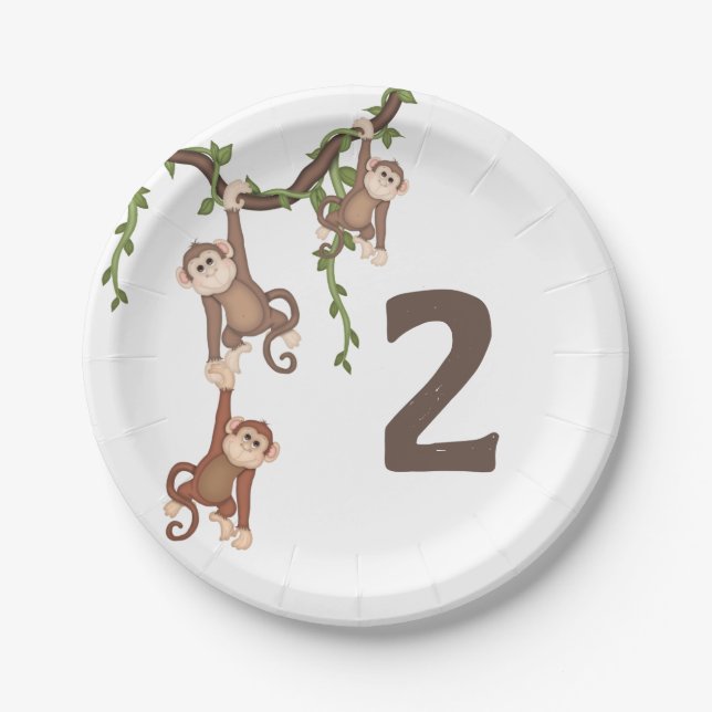Assiettes En Carton Cute Monkeys Kid's 2nd Birthday Paper Plate (Devant)