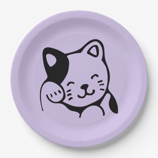 Assiettes En Carton Cute noir et blanc Kitty Chat Waving Bonjour (Devant)