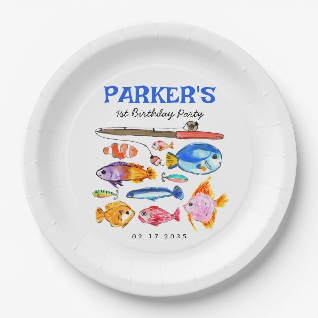Assiettes En Carton Cute O-Fish-al Reel Amusant Pêche Poisson Annivers (Devant)
