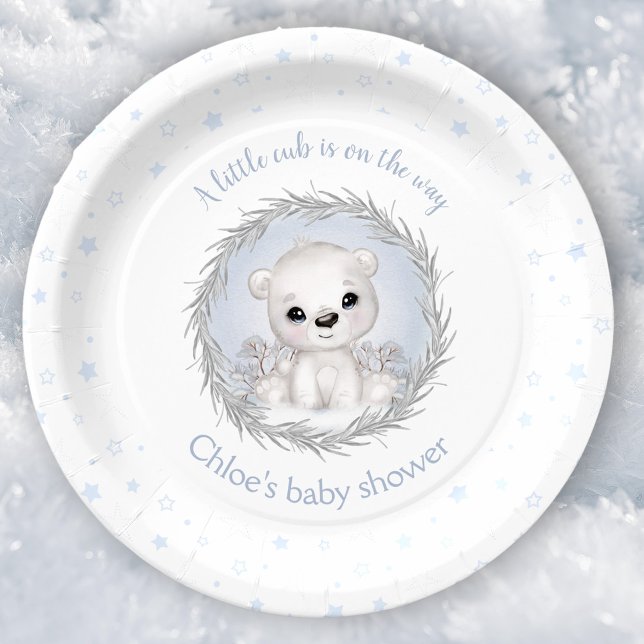 Assiettes En Carton Cute Ours Polaire Baby shower Garçon d'hiver Blanc (Cute Polar Bear Winter Boy Baby Shower White Paper Plates)