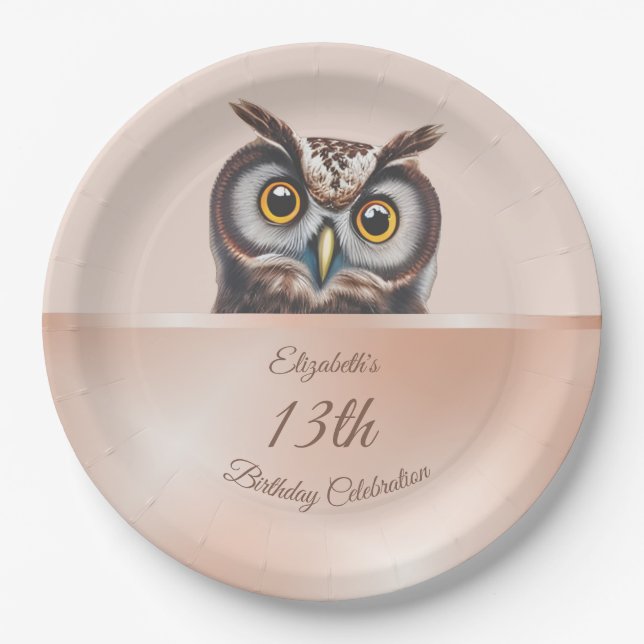 Assiettes En Carton Cute Owl Rose Gold | Plaques papier d'anniversaire (Devant)