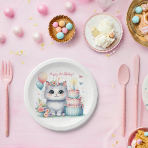 Assiettes En Carton Cute Pastel Kitten Gâteau d'anniversaire - Anniver