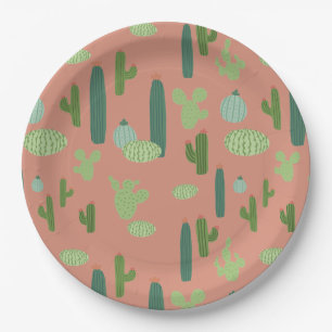 Assiettes En Carton Cute Pêche Cactus & Vert