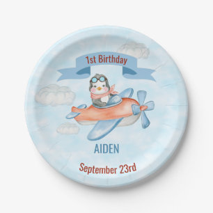 Assiettes En Carton Cute Penguin Avion Bleu 1er anniversaire