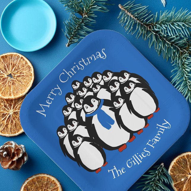 Assiettes En Carton Cute Penguin Famille Noël Plaques de fête bleue (Créateur téléchargé)