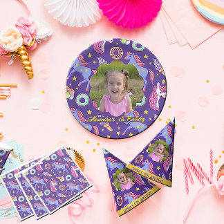 Assiettes En Carton Cute Photo Personnalisée Unicornes, beignets et cr