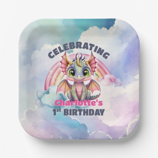 Assiettes En Carton Cute Pink Dragon 1ère fête d'anniversaire (Recto)