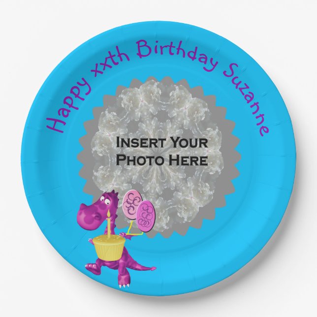 Assiettes En Carton Cute Purple Dinosaur Photo Anniversaire (Devant)