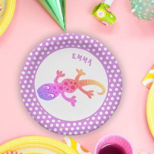 Assiettes En Carton Cute Rainbow Lizard Gecko avec nom Anniversaire