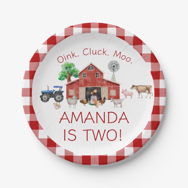 Assiettes En Carton Cute Red Barnyard ferme animal 2e anniversaire (Devant)
