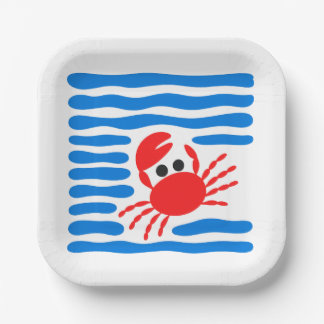 Assiettes En Carton Cute Red Crab & Blue Waves Coastal