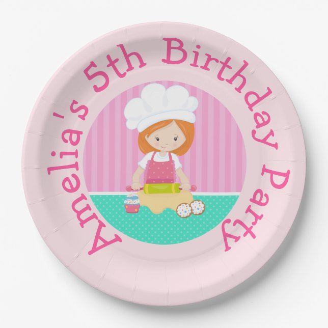 Assiettes En Carton Cute Red Hair Girl Baking Anniversaire (Devant)