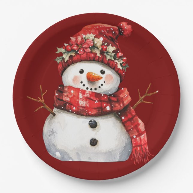 Assiettes En Carton Cute Red Snowman Christmas  (Devant)