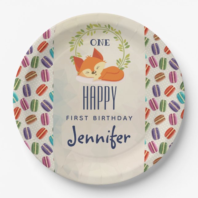 Assiettes En Carton Cute Renard orange avec couronne Anniversaire (Devant)