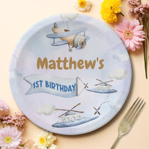 Assiettes En Carton Cute Retro Blue Avion 1er anniversaire