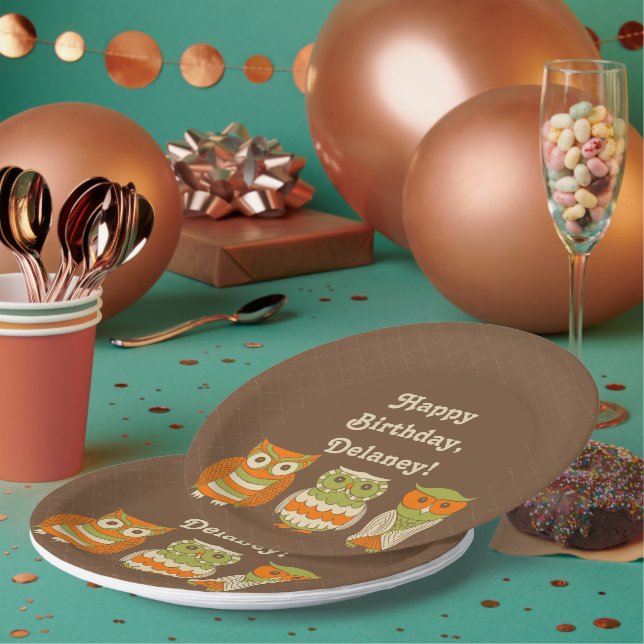 Assiettes En Carton Cute Retro Owls Brown Personnalisé (Multi)