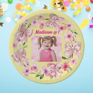 Assiettes En Carton Cute Rose Floral Bow Photo 1ère fête d'anniversair