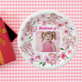 Assiettes En Carton Cute Rose Floral Bow Photo 1ère fête d'anniversair