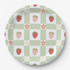 Assiettes En Carton Cute Strawberry Gingham Pastel Green 1st Birthday