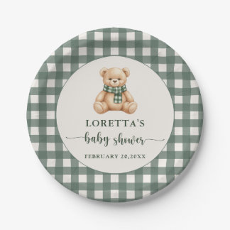 Assiettes En Carton Cute Teddy Bear Green Plaid Baby Shower