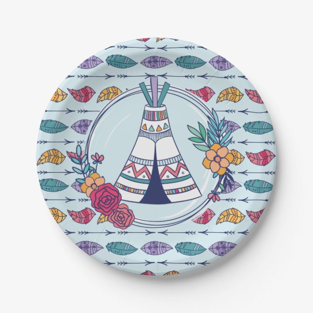 Assiettes En Carton Cute Teepee Boho Tribal Plaque de papier d'anniver (Devant)