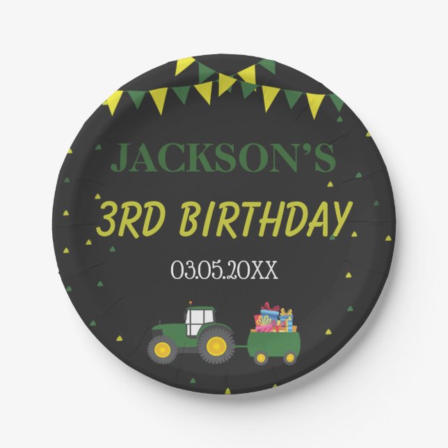 Assiettes En Carton Cute Tractor Farm 3e anniversaire Confetti Invitat (Devant)
