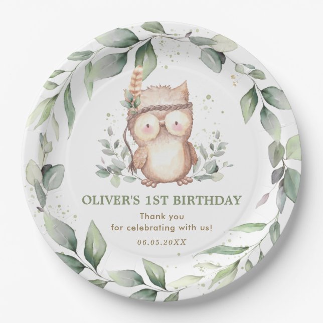 Assiettes En Carton Cute Tribal Owl Chic Greenery 1er anniversaire Bab (Devant)