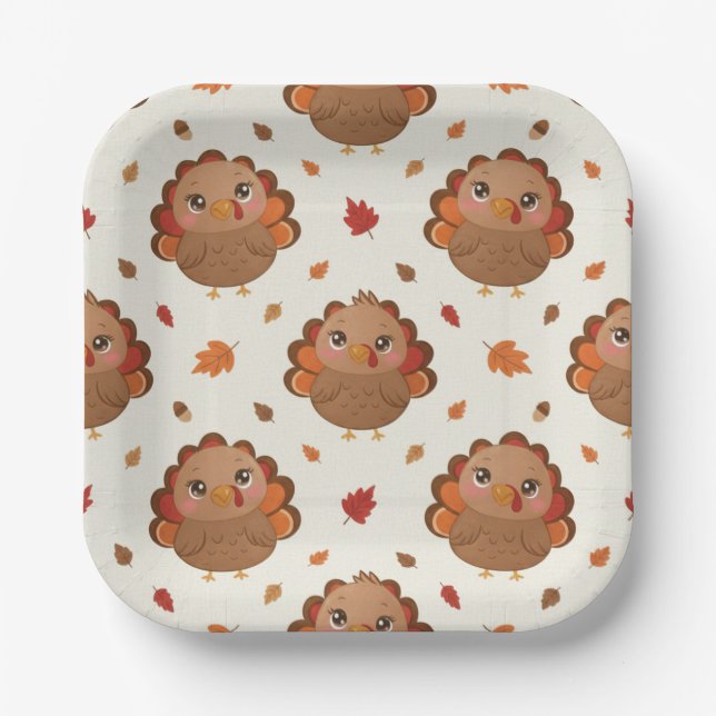 Assiettes En Carton Cute Turkey, Thanksgiving Feast Paper Plate (Recto)