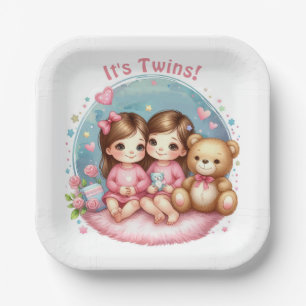 Assiettes En Carton Cute Twin Baby shower fille de l'aquarelle Teddy O