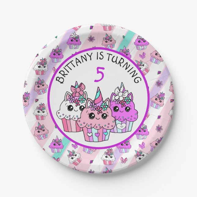 Assiettes En Carton Cute Unicorn Cupcakes Fille anniversaire (Devant)
