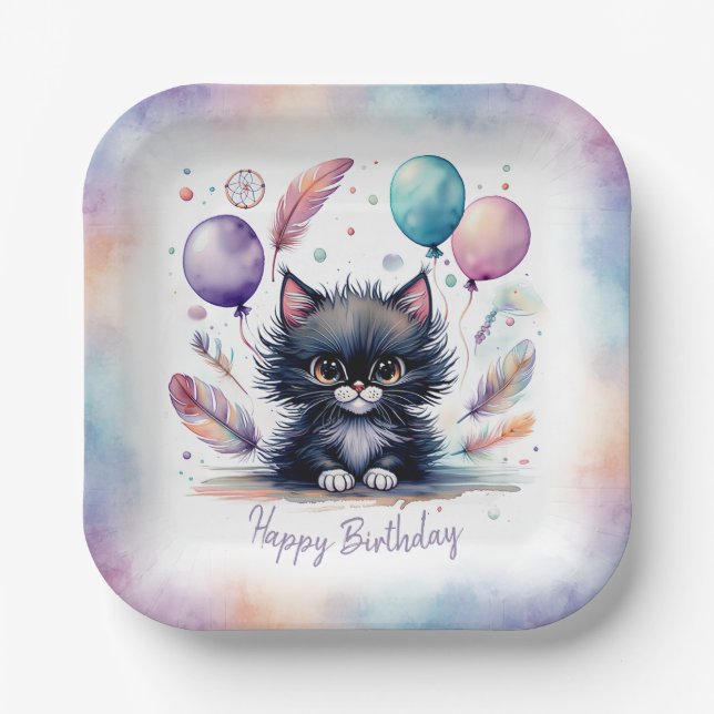 Assiettes En Carton Cute Watercolor Black Kitten Balloons Birthday  (Recto)