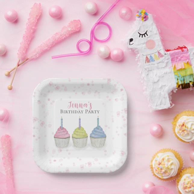 Assiettes En Carton Cute Whimsical Rose Girl Aquarelle Cupcakes (Fête)