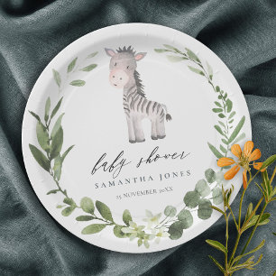 Assiettes En Carton Cute Zebra Green Foliage Baby shower de couronne