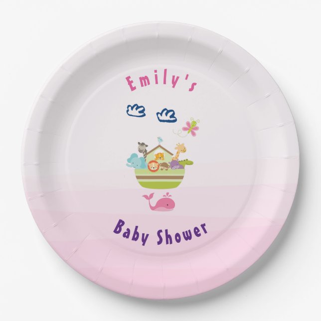 Assiettes En Carton Cute Zoo Animal Ark Baby shower rose (Devant)