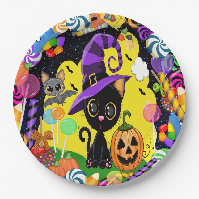Assiettes En Carton Cutie Kitty Marchandises de la fête d'Halloween (Devant)