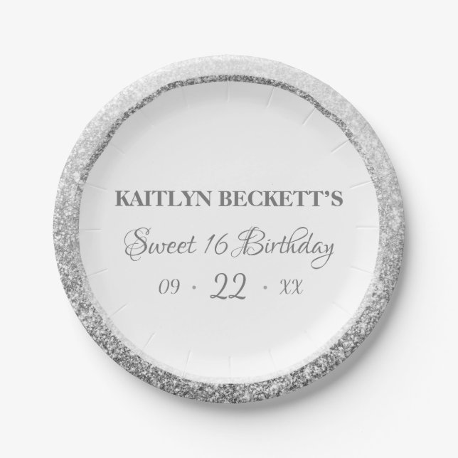 Assiettes En Carton Cuties Sweet 16 Parties scintillant Argent Élégant (Devant)