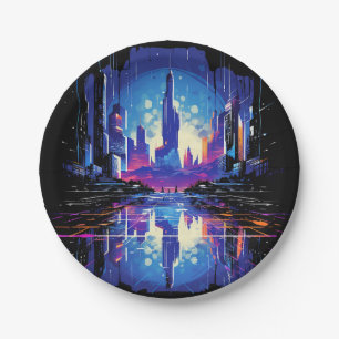 Assiettes En Carton Cyberpunk City Skyline futuriste