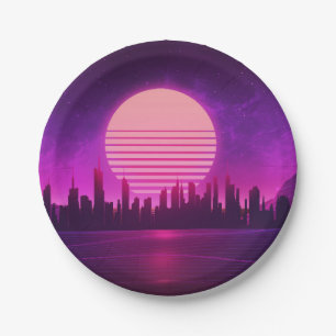 Assiettes En Carton cyberpunk électronique synthwave scifi rose noir 