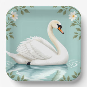 Assiettes En Carton Cygne blanc élégant floral bleu