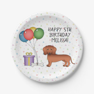 Assiettes En Carton Dachshund à poil lisse rouge Joyeux Anniversaire