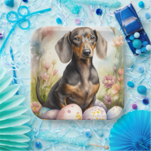 Assiettes En Carton Dachshund avec œufs de Pâques