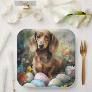 Assiettes En Carton Dachshund avec œufs de Pâques