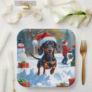 Assiettes En Carton Dachshund courant dans la neige avec un chapeau de