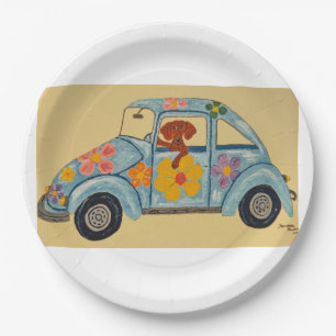 Assiettes En Carton Dachshund dans une voiture hippie